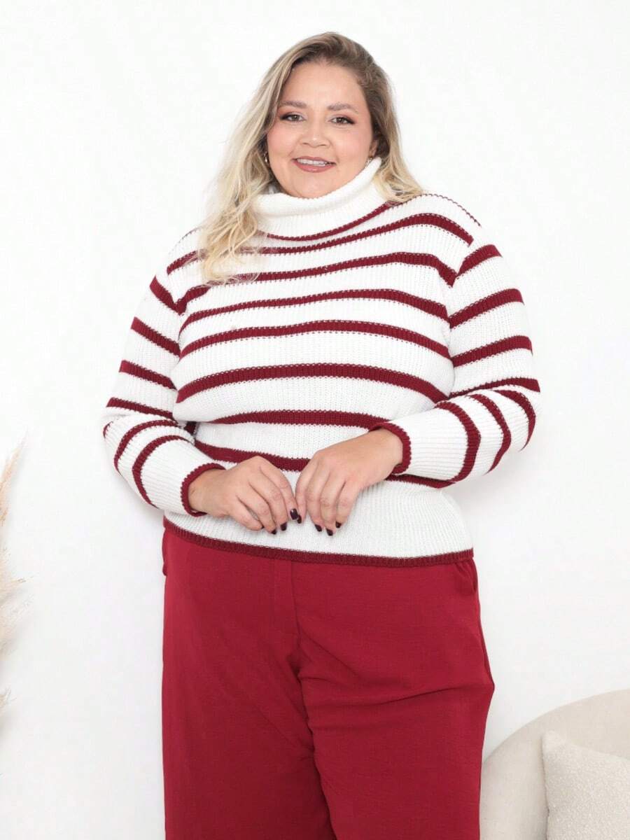 Striped High Neck Knit Blouse - 紅白色 - 查看 1