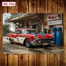 Vintage metalen blikken bord met auto en tankstation - Klassieke rood-witte autokunst uit de jaren 50, 20x30cm - Retro wanddecoratie voor thuis, in de winkel en buiten met voorgeboorde gaten - Ideaal voor nostalgie en vakantiedecoratie, buitenplaquette | Vintage tankstation | Rustieke textuur, autodecoratie