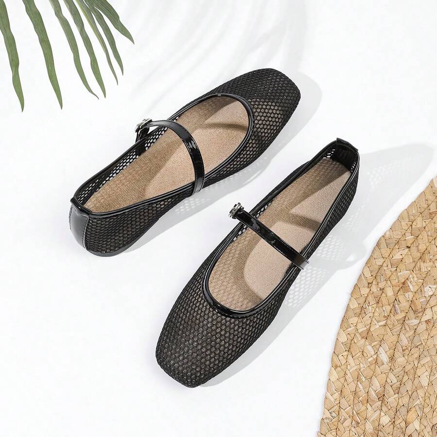 JiaYunNvXie Bailarinas de malla para mujer, cómodas y transpirables con punta cuadrada, zapatos planos con suela suave y de moda