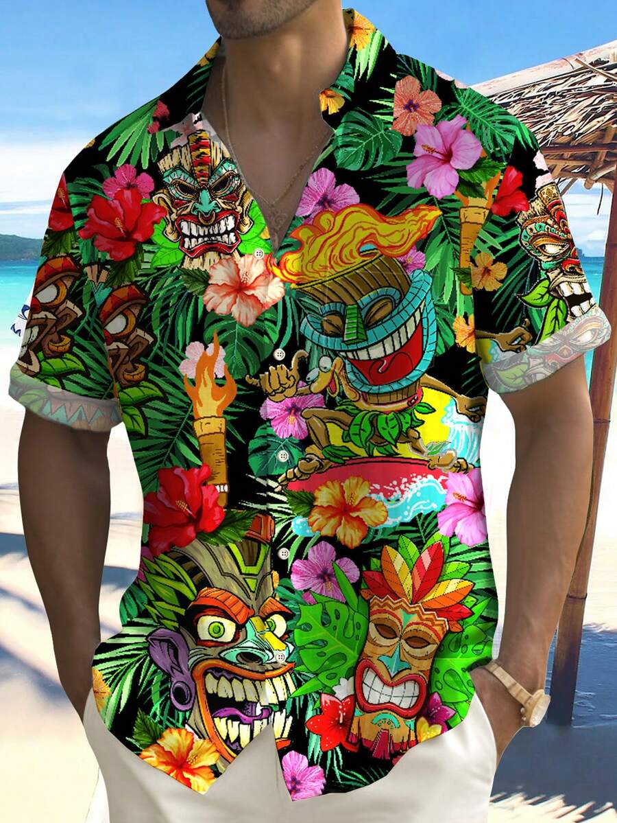 Hawaiian TIKI Tropical Plant Print Men's Button Down Short Sleeve Shirt - Multicolor - View 1