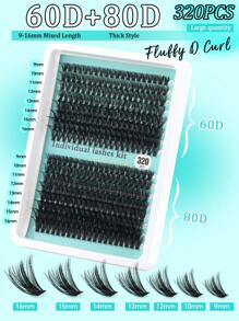 Kit de pestañas postizas rizadas y esponjosas con rizado D, 30D+40D+50D+60D+80D, 320 racimos de pestañas de estilo mixto de 10-18mm, set de pestañas dramático para principiantes, reutilizable con pegamento, incluye pincel para pestañas, pinzas y herramientas aplicadoras, ligero, portátil, pestañas listas para exterior