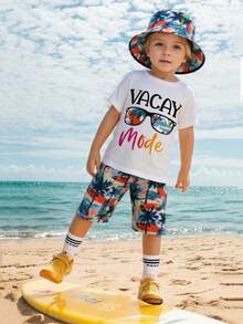 3pcs/Set Young Boy Casual Letter Print Short Sleeve T-Shirt + Print Shorts + Hat Summer Outfit - White - View 3