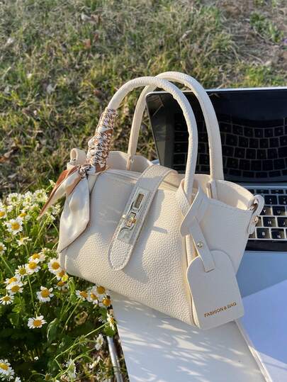 1pc Litchi Texture Plain Color Fashionable Latch Zipper Tote Shoulder Bag, Comes With Scarf Decor, Suitable For Daily Use