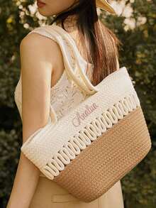 1pc Customized Embroidered Woven Beach Basket Bag For Women, Fashion Versatile Shoulder Tote Bag, Suitable For Beach Trip, Everyday Use, Gifts For Family, Friends, Mother, Partner, Great For Mother's Day, Valentine's Day, Nurses Day, Teacher's Day, Christmas, Birthday, School Supplies, For Teacher, For Boys And Girls, For Teenagers, Junior High School Students, Middle School Students, High School Senior High School Students, College Students, University Students, Freshman, Sophomore, Underclassmen - Multicolor - View 2