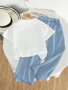 青少年女孩户外蝴蝶结 T 恤和格子裤两件套，休闲夏季 - 白色 - 查看 2