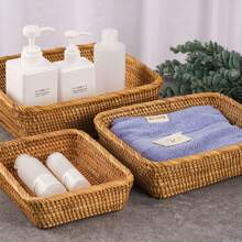 1pc/3pcs Rattan Storage Baskets, Snack & Fruit Organizer Boxes, Woven Rectangular Bread Tray, Home Desktop Countertop Decorative Baskets Valentine Day Sun Travel Cool