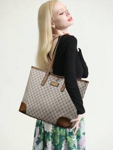 2pcs/Set Large Capacity Tote Bag & Wallet, Fashionable Shoulder Bag For Middle-Aged Women, Autumn/Winter - Grey - View 2