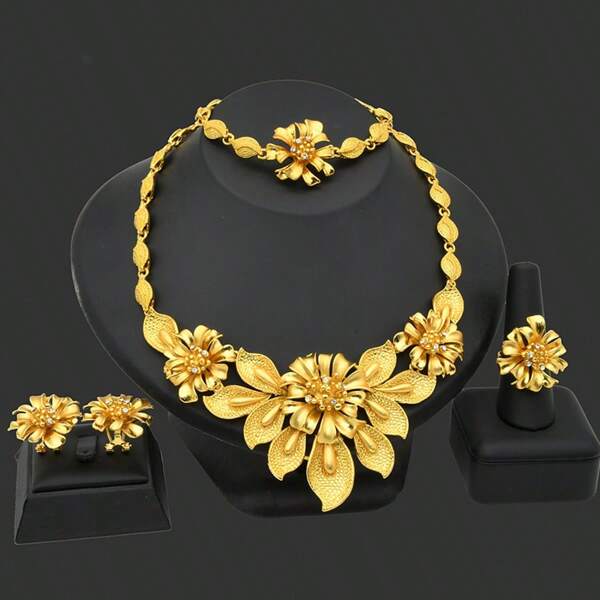 1 Set de 4 piezas Juego de joyas enchapadas en oro con diseño floral: 1 collar, 1 pulsera, 1 par de aretes, 1 anillo, adecuado para novias de Medio Oriente, Dubái, África, Europa y EE.UU., boda, fiesta, Día de la Madre, graduación, regalo de vacaciones