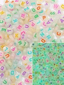 100 piezas/200 piezas Cuentas acrílicas luminosas DIY para pulseras y collares - Cuentas que brillan en la oscuridad de 7mm*4mm, adecuadas para joyería de noche, cuentas con letras de colores/cuentas con corazones rojos/cuentas con caritas sonrientes de colores, ideal para hacer regalos para el Día del Padre - Multicolor - Ver 5