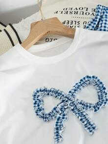 青少年女孩户外蝴蝶结 T 恤和格子裤两件套，休闲夏季 - 白色 - 查看 4