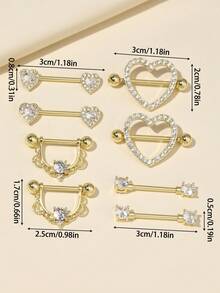 4pcs Heart & Tiny Heart Shaped CZ Stainless Steel Pierced Nipple Rings - Gold - View 4