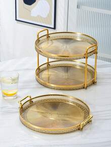 1 件钻石图案双层单层托盘带手柄，现代两用托盘，适合家庭使用 - 金色 - 查看 2