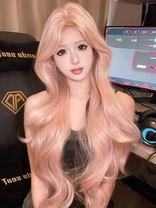 30英寸浅粉色中分波浪假发 - 4x2浅棕色蕾丝前片半手工编织耐热合成纤维假发 - 超长淡粉色美人鱼卷发，玫瑰网帽，适合所有肤色 - 粉色 - 查看 6