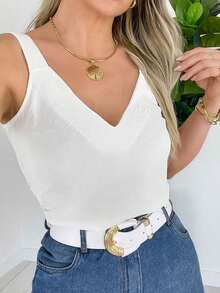 WOMEN'S BLOUSE WITH THICK WIDE STRAPS, SIMPLE, CASUAL, BASIC V-NECK TANK TOP - Black and White - View 2