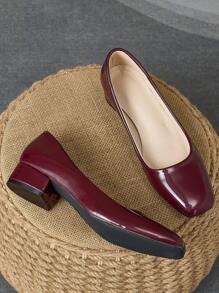 Sapatos femininos de salto alto, bico quadrado, slip-on, casuais, retrô, versáteis, de alta qualidade, para férias, viagens, compras, atividades ao ar livre, vinho tinto
