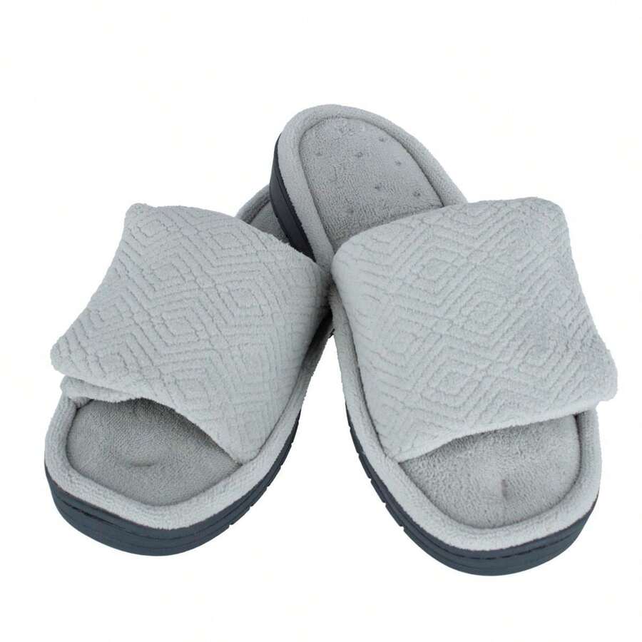 Isotoner Women's Sculpted Terry Adjustable Open Toe Slide Slippers - Light Gray - View 1