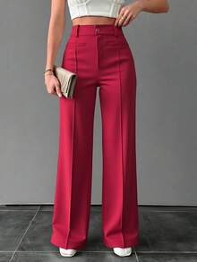 Liu Fashion Calça feminina pantalona com bolso fake social e elegante - Vinho - Visão 1