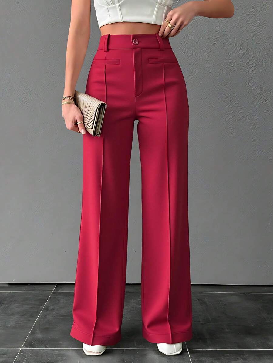Liu Fashion Calça feminina pantalona com bolso fake social e elegante - Vinho - Visão 1