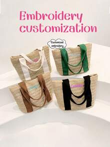 1pc Personalized Handmade Woven Tote Bag For Women, Fashionable And Versatile For Work Commute, Large Capacity Portable Organizer Bag For Travel, Beach, Shopping, Embroidered Customized Letter Design, Suitable For Daily Use, Great Gift For Family, Friends, Mom, Mother's Day, Valentine's Day, Nurse's Day, Teacher's Day, Christmas, Birthday - Multicolor - View 1