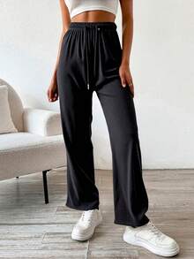 Pantalón de pierna ancha para mujer, diseño sexy, elegante y casual, tela de algodón y poliéster, apto para temporada de primavera y verano, ajuste de cintura natural con resorte y cordón, con pequeña y elegante pedrería artificial y decorativa. Suave, fresco y ligero. - Negro - Ver 2