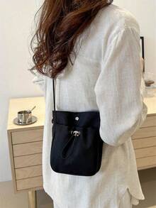 时尚简约女士尼龙斜挎迷你包 - 轻便，可调节肩带，纯色时尚手机袋，带扣环 - 黑色 - 查看 3