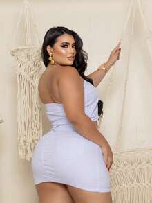 Plus Size Beige Plain High Waist Jeans Skirt With Hem - trắng - Xem 3