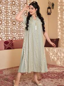 2026 New Style Ramadan Traditional Elegant Green Robe, V-Neck, Tasseled, Embroidered With Golden Sequins, Graceful Arabic Women Clothing JALABIA - Mint Green - View 9