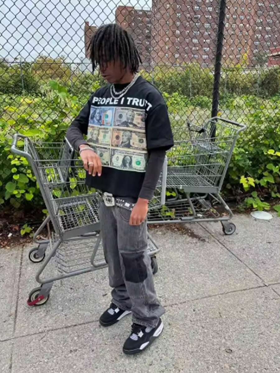 VHUTHK (220 Cotton T-Shirt) '6 PEOPLE I TRUST' Letter And Banknote Pattern Print, Men's Casual Soft 100% Cotton Full Neck Round Neck Short Sleeved T-Shirt With Portrait And Letter Print - màu đen - Xem 1