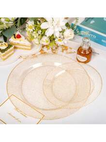25 pièces de papier doré pailleté, plateau à salade et couverts, plateaux de 10,25 pouces et 7,5 pouces, convenant aux célébrations, fêtes, événements extérieurs, mariages, restaurants et fournitures scolaires