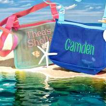 1pc Customized Embroidered Lightweight Foldable Large Capacity Beach Bag, Mesh Beach Storage Bag, Beach Travel Mesh Bag, Personalized Shell Zipper Mesh Beach Bag, Sun Protection Bag, Personalized Embroidered Bag, Summer Vacation Storage Bag, Personalized Shell Bag, Shoulder Tote Beach Bag
