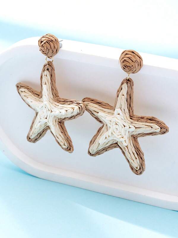 1 par de brincos pendurados de metal em ráfia com inspiração boêmia e praia, feitos à mão, estilo estrela-do-mar, para mulheres, estilo férias