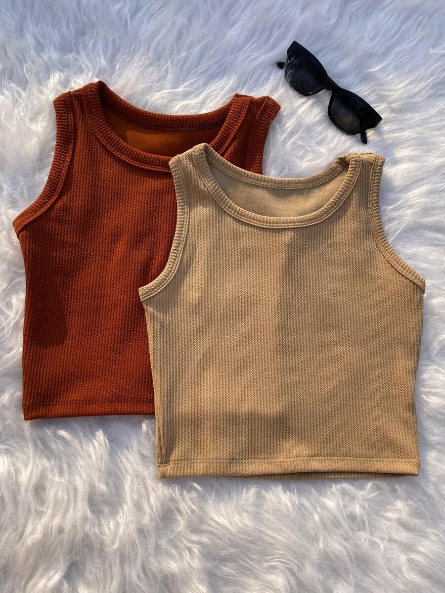 Kit 2 Cropped Women's Tank Top Summer Fashion - Terracotta and Beige - View 1