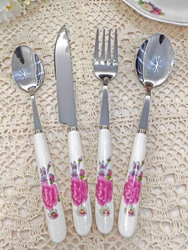 4/12 طقم أدوات مائدة من الفولاذ المقاوم للصدأ ذات مقابض خزفية فريدة، أدوات طعام جميلة وأنيقة، شاملة على سكين ستيك وشوكة وملعقة، مناسبة للعائلات والمطاعم والمطابخ والتناول اليومي وحفلات الأعياد والأعراس، والمدارس