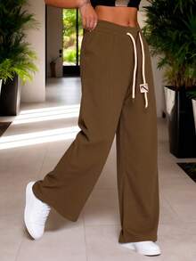 Pantalón de pierna recta para mujer, con diseño casual y elegante, tela de algodón y poliéster, bolsillos funcionales, ajuste de cintura natural con resorte y doble cordón, textura acanala, fresco y ligero, ideal para temporadas de primavera, verano e inicios de otoño. - Camel - Ver 3