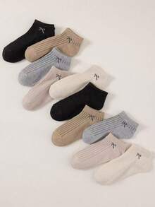 10双混色蝴蝶结抽绳袜，简约优雅的日式小丑休闲风格，舒适透气，适合运动穿着 - 彩色 - 查看 2