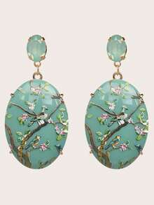 1 Pair Retro Bird & Floral Print Geometric Design Earrings - Green - View 5
