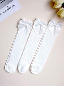 3 双女童白色蝴蝶结长袜，适合日常穿着 - 白色 - 查看 4