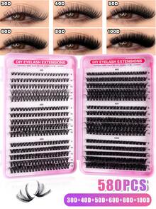 MEM 540/580pcs Eyelash Clusters, 30D+40D+50D+60D+80D+100D, DIY Eyelash Extension Faux Mink Lashes - Premium D-Curl Fluffy Natural Lash Clusters, Suitable For DIY Eyelash Extension - Reusable, Lightweight And Easy To Apply - D - 查看 2