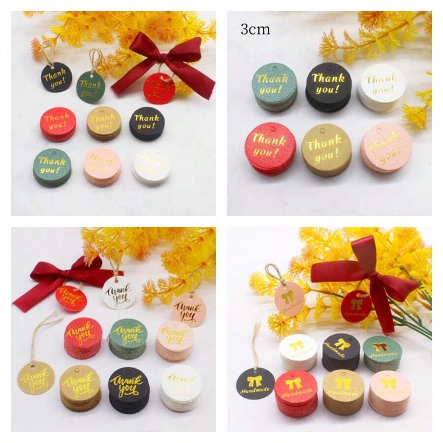 100tag20M Rope Creative Thank You, Handmade Gold Stamping Hanging Tag Circular 3cm Card Party Gift Baking Thank You Package