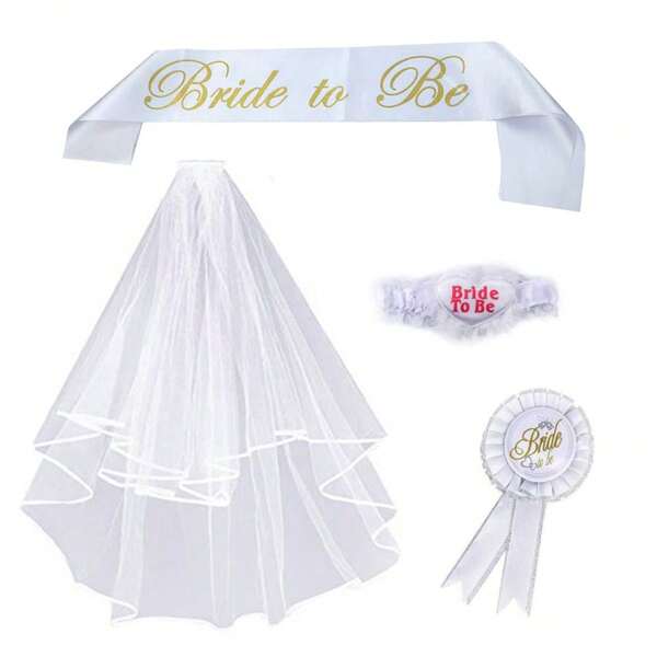 4pcs/Set Bachelorette Party Bride-To-Be Accessories Set, Including Shoulder Strap, Leg Garter, Chest Badge, Veil, Gold Foil Printing, For Wedding Ceremony, Bachelorette Party, Bridesmaid Decorations
