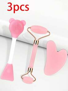 Un set de 3 piezas de herramientas de belleza facial, que incluye un rodillo masajeador de doble cabezal + una tabla Gua Sha con forma de corazón - rosa, un cepillo facial de silicona de doble cabezal para mascarillas de barro, palitos de masaje facial Gua Sha para el ojo y estiramiento muscular, herramientas mágicas exquisitas, masajeadores faciales, herramientas mágicas para empujar la cara, herramientas mágicas en forma de V para la cara, rodillos masajeadores de doble mentón y masetero para levantar y firmar el rostro - Multicolor - Ver 14