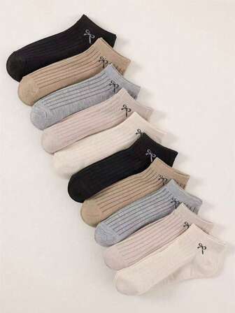 10 Pairs Assorted Color Bow Tie Drawstring Socks, Simple Elegant Japanese Clown Casual Style, Comfortable Breathable, Suitable For Sportswear