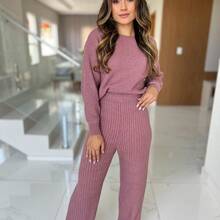 Women's Knitted Mousse Cropped Top And Pants Set Winter Blouse And Pants Set - Bộ hoa hồng - Xem 3