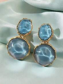 1 Pair Asymmetric Light Green Earrings With Creative Wave Pattern, Asymmetric Oval Earrings, Stylish And Unique Earrings & Accessories - Sky Blue - View 1