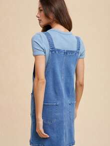 Womens Casual Denim Overall Chic Classic Adjustable Strap Mini Dress Medium Wash Blue Above Knee Length Front Pocket Design Round Neck Ribbed Tee Layered Look Spring Summer Daily Wear - Màu xanh trung bình - Xem 4