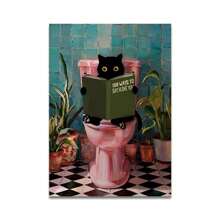1 pièce Impression sur canevas de chat de salle de bain optionnel avec cadre lisant sur les toilettes. Affiche d'art mural drôle de décoration animale. Décoration de maison, cadeau. Avec ou sans cadre réutilisable.