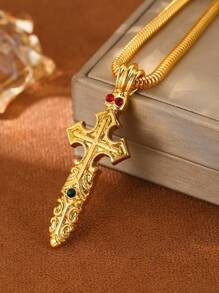1 Piece Vintage Gold Cross Sword Pendant Necklace,Inlaid Cubic Zirconia,Snake Bone Round Chain,Suitable For Daily,Hip Hop,Party And Gift