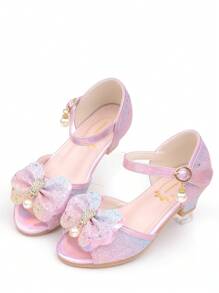 Girls' Crystal High Heel Sandals, Princess Shoes With Bowknot, Colorful Dress Shoes With Sequins