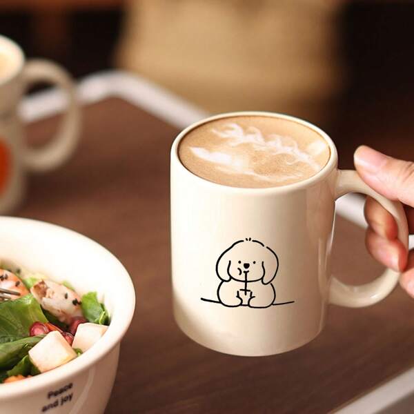 1pc Large Cream White Ceramic Mug With Puppy Animal Illustration - Vintage Style Coffee Mug, Reusable, Dishwasher Safe, High Quality, Good For Coffee, Milk, Breakfast Or Tea - Great For Home Or Office Use, Coffee Bar Accessories
