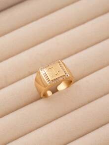 1pc Luxury Style 26 Letter Block Single-Sided Exquisite Cubic Zirconia Embellished Open Ring, Delicate Jewelry Accessory Suitable For Teenagers Daily Wear, 26 Initial Letter Ring Is An Ideal Gift For Friends - Gold - View 24